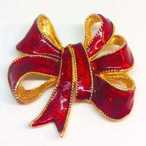 Vintage Red Enameled Bow Brooch